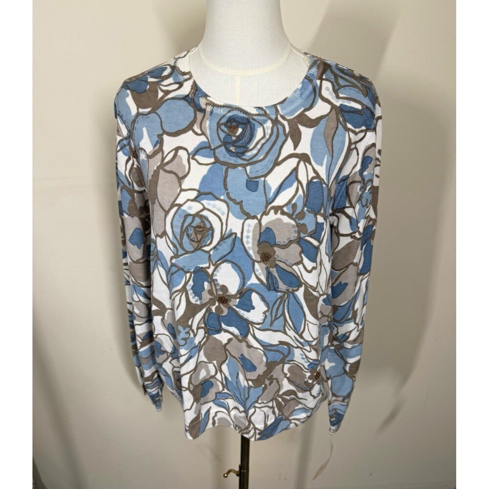 Alfred Dunner Womens Sweater Small Blue Ice Queen Floral Knit $64 NEW 359